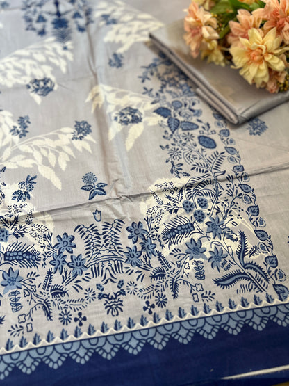 Elegant Blue & White Printed Suit Set with Striped Dupatta