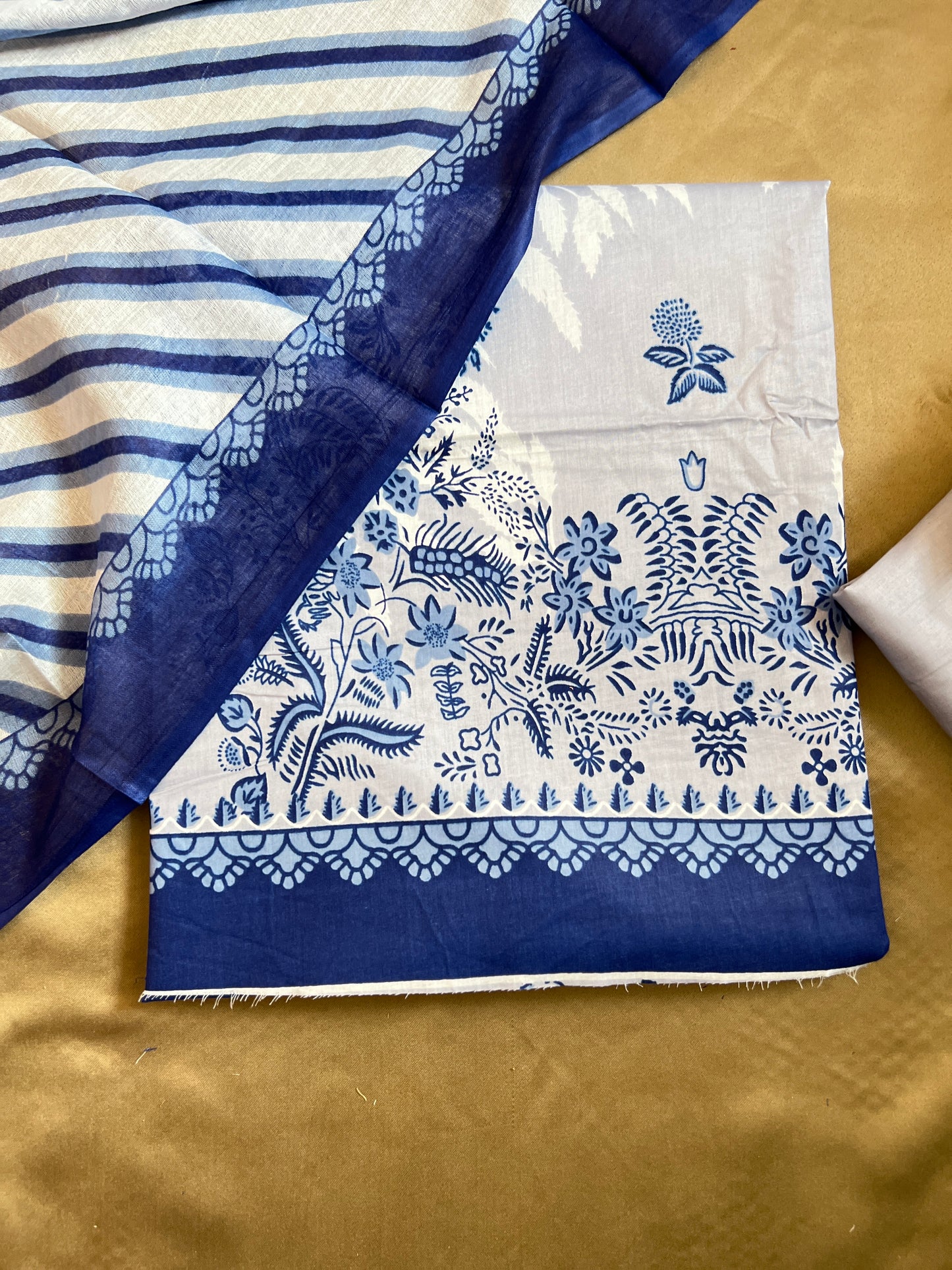 Elegant Blue & White Printed Suit Set with Striped Dupatta