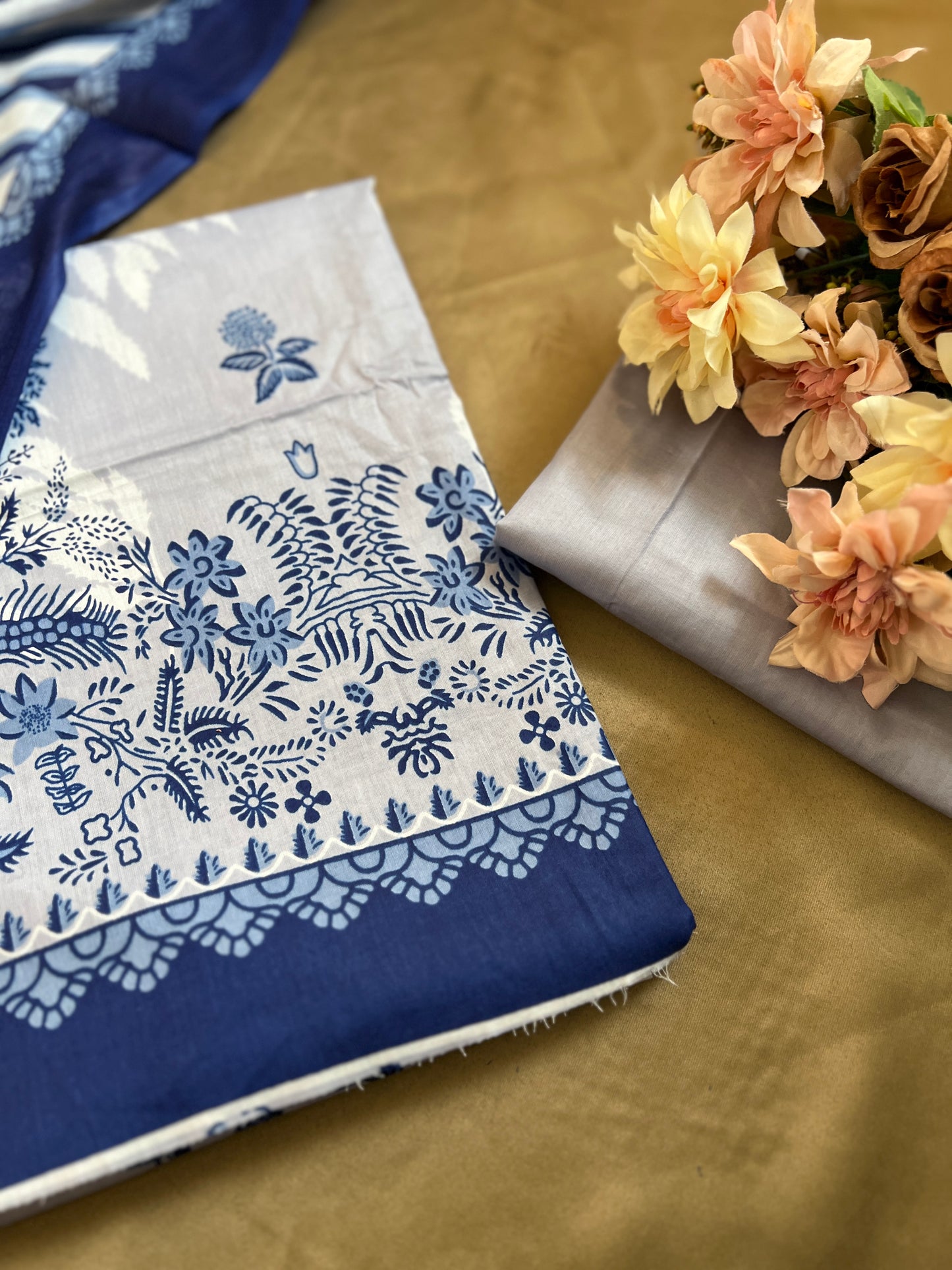 Elegant Blue & White Printed Suit Set with Striped Dupatta