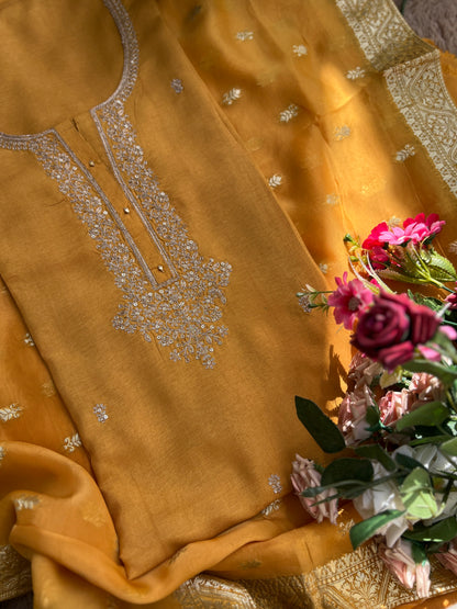 Radiant Yellow Russian Silk Suit with Stunning Tissue Banarasi Dupatta