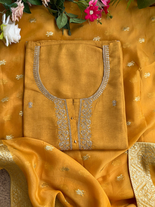 Radiant Yellow Russian Silk Suit with Stunning Tissue Banarasi Dupatta