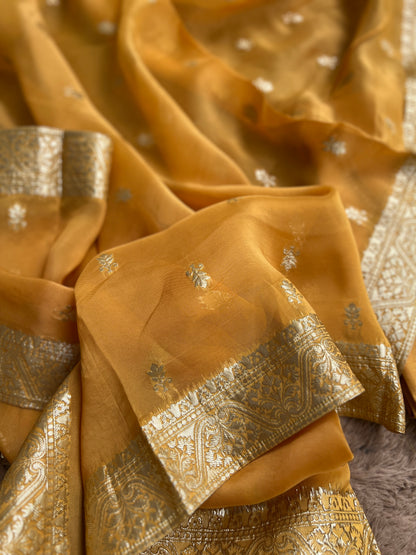 Radiant Yellow Russian Silk Suit with Stunning Tissue Banarasi Dupatta