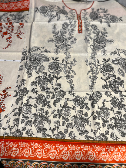 Elegant Ivory & Black Floral Suit with Rust Orange Detailing