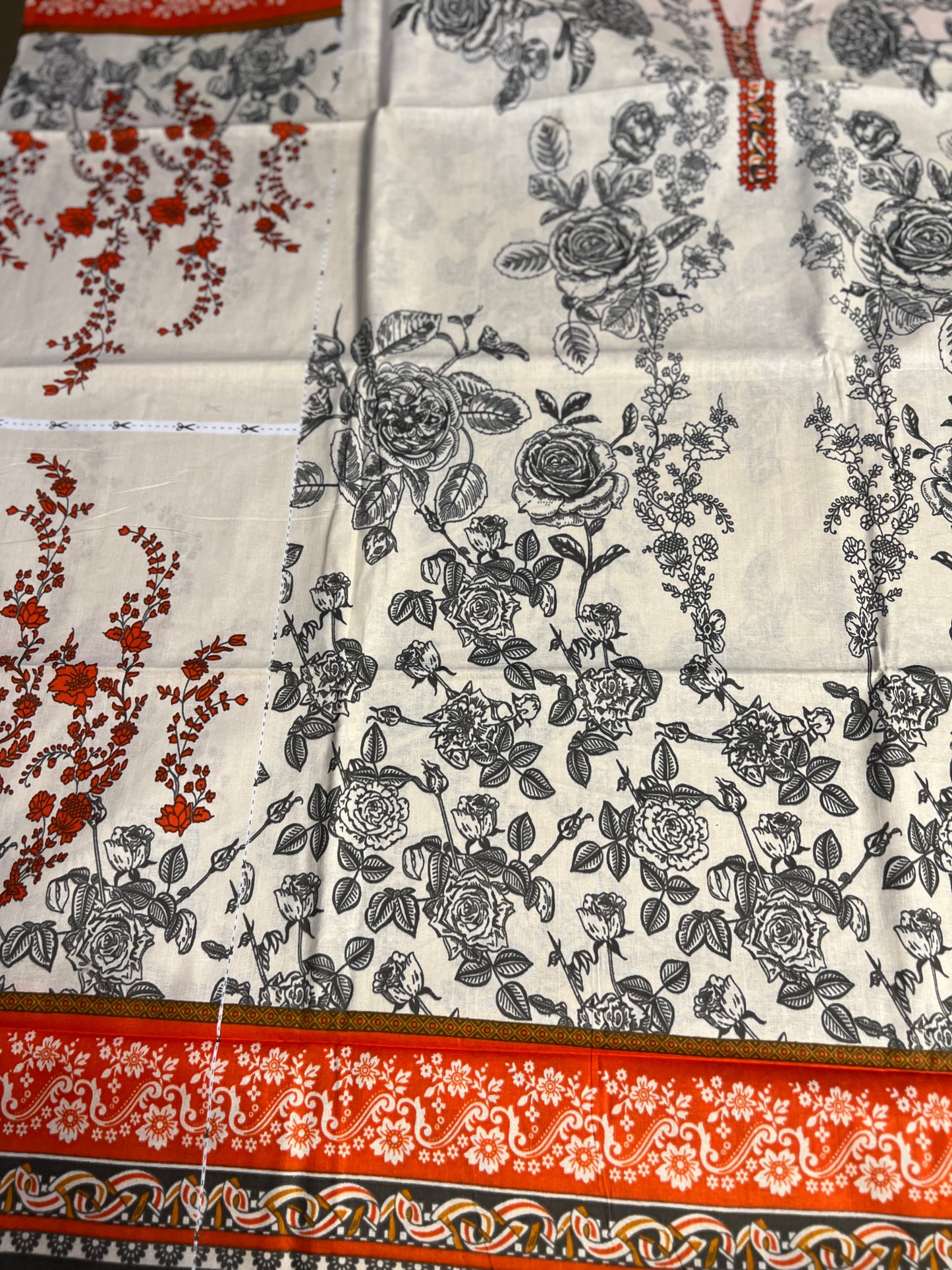 Elegant Ivory & Black Floral Suit with Rust Orange Detailing