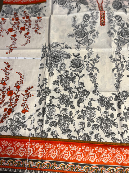 Elegant Ivory & Black Floral Suit with Rust Orange Detailing