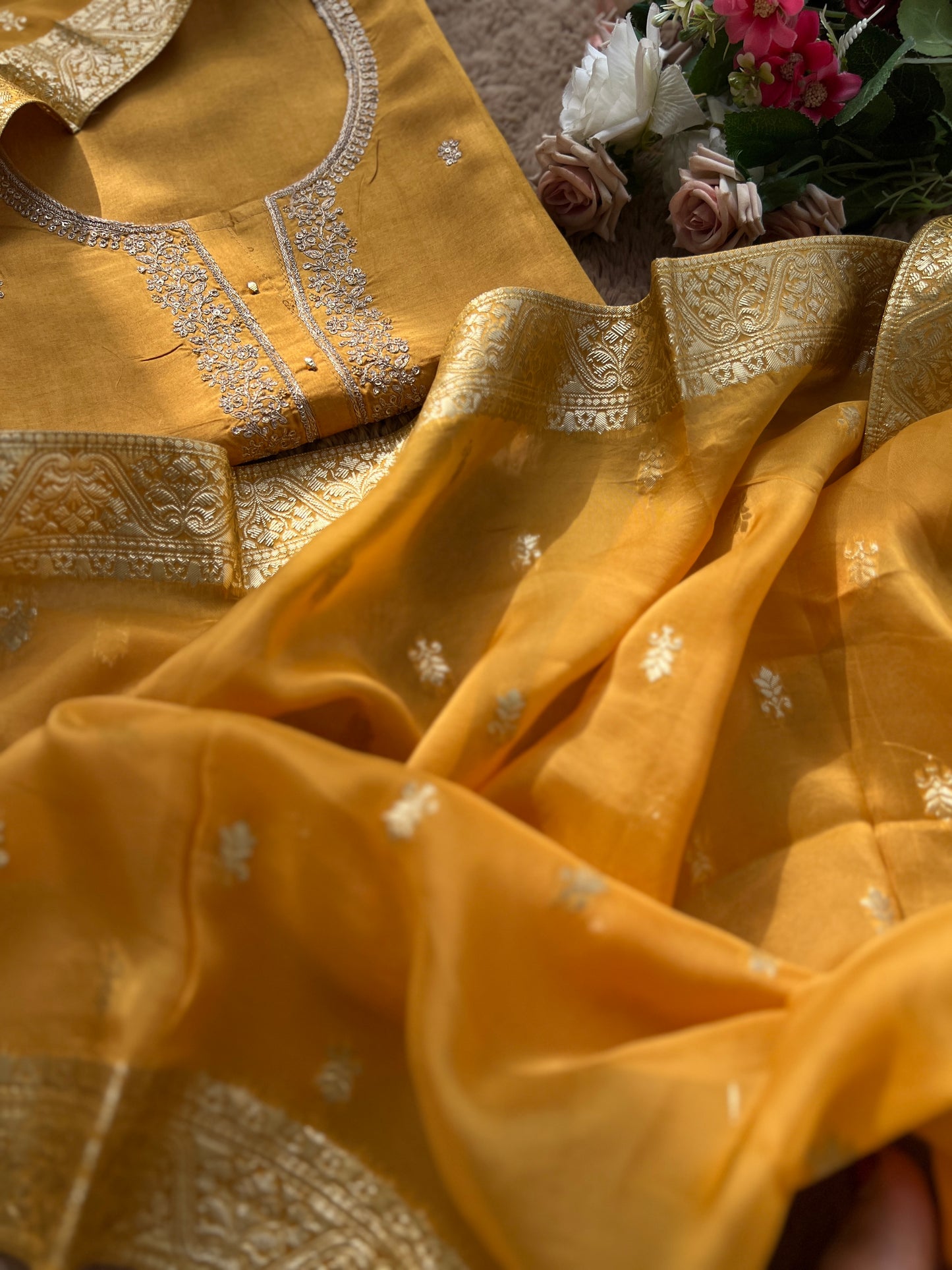 Radiant Yellow Russian Silk Suit with Stunning Tissue Banarasi Dupatta