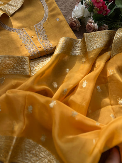 Radiant Yellow Russian Silk Suit with Stunning Tissue Banarasi Dupatta