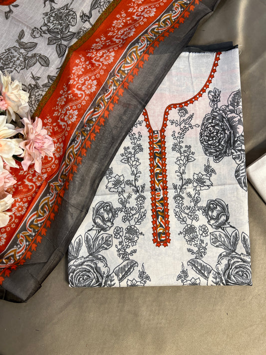 Elegant Ivory & Black Floral Suit with Rust Orange Detailing