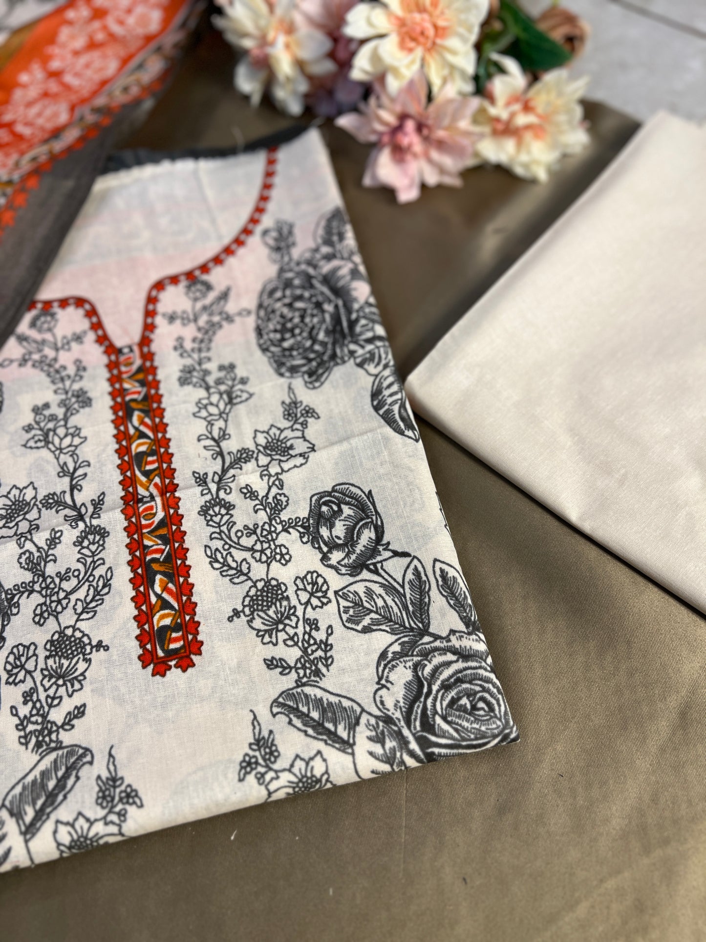 Elegant Ivory & Black Floral Suit with Rust Orange Detailing