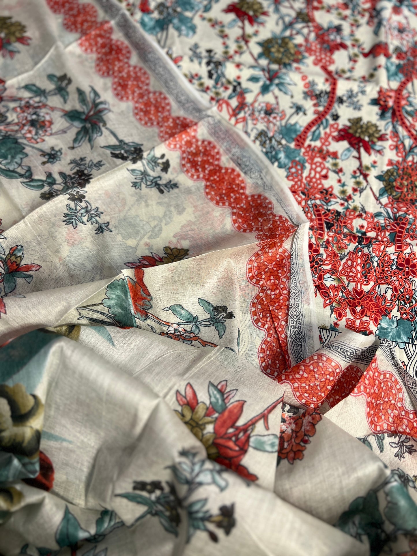 Ivory Red Floral Printed Unstiched Co-Ord Set with Dupatta