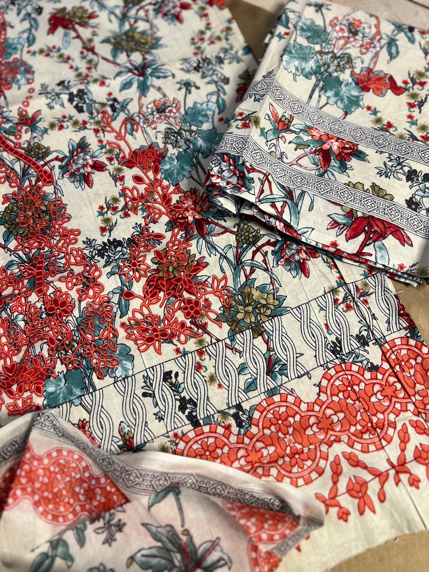 Ivory Red Floral Printed Unstiched Co-Ord Set with Dupatta