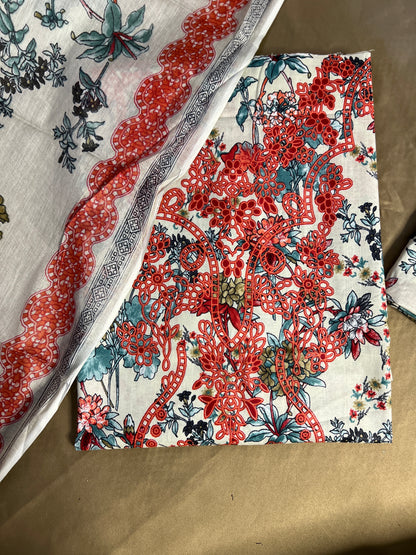 Ivory Red Floral Printed Unstiched Co-Ord Set with Dupatta