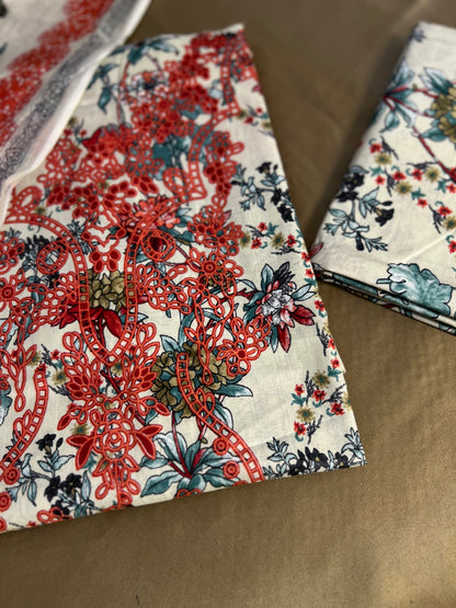 Ivory Red Floral Printed Unstiched Co-Ord Set with Dupatta