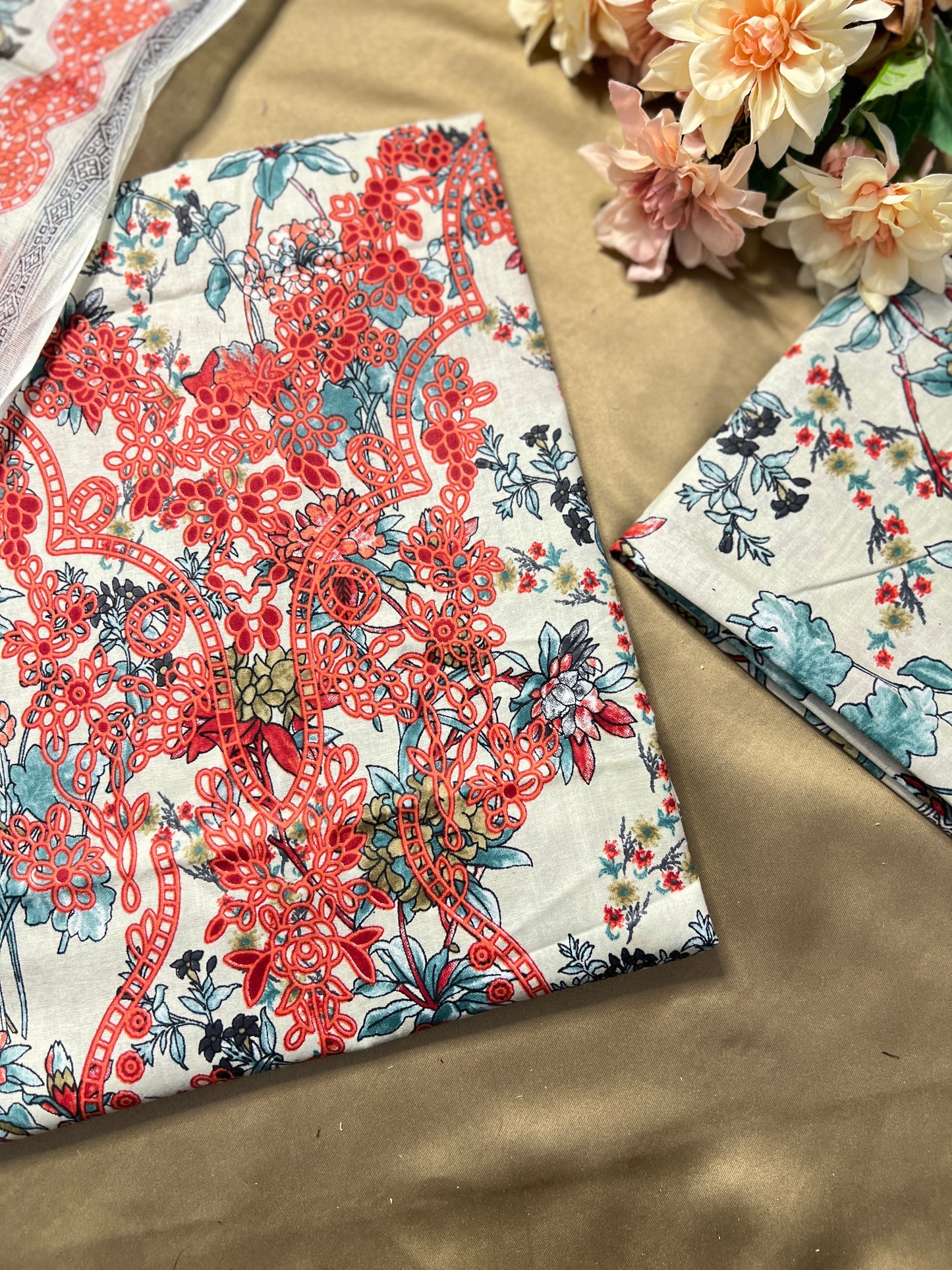 Ivory Red Floral Printed Unstiched Co-Ord Set with Dupatta