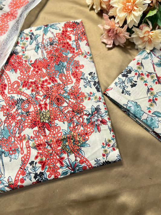 Ivory Red Floral Printed Unstiched Co-Ord Set with Dupatta