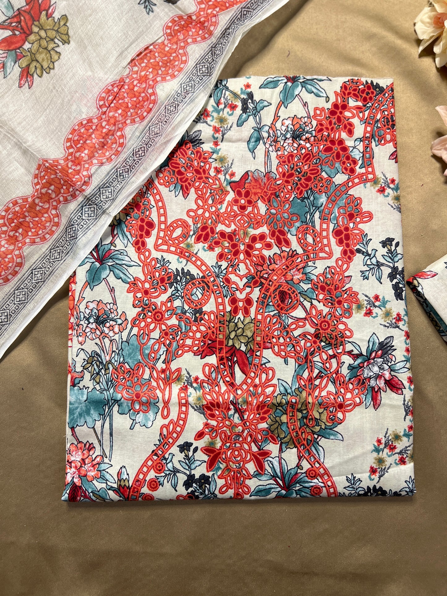 Ivory Red Floral Printed Unstiched Co-Ord Set with Dupatta