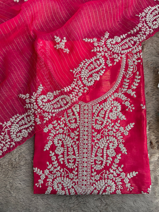 Radiant Red Shimmer Crepe with Exquisite Embroidery Elegance