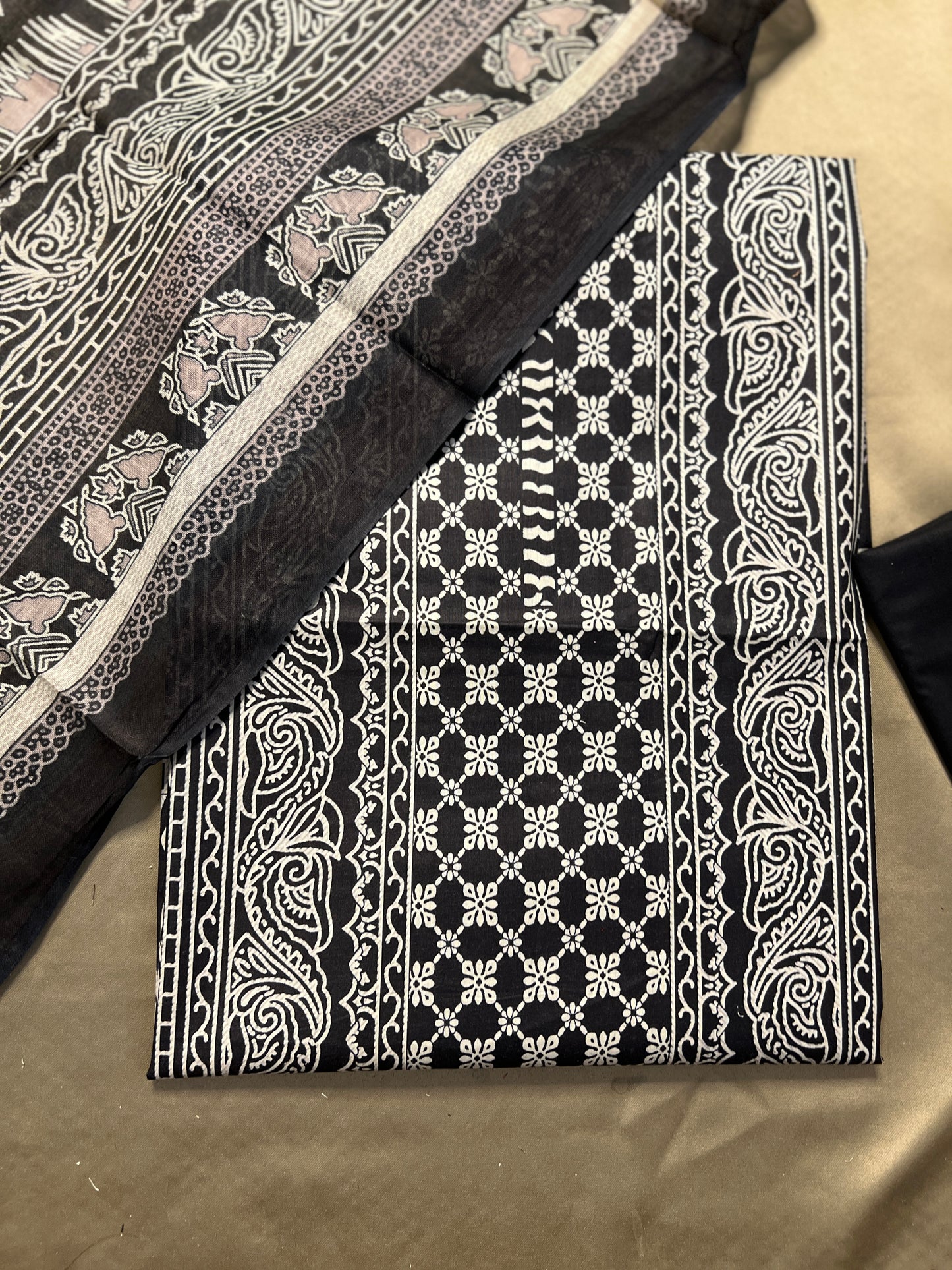 Classic Black & White Karachi Printed Cotton Suit Set