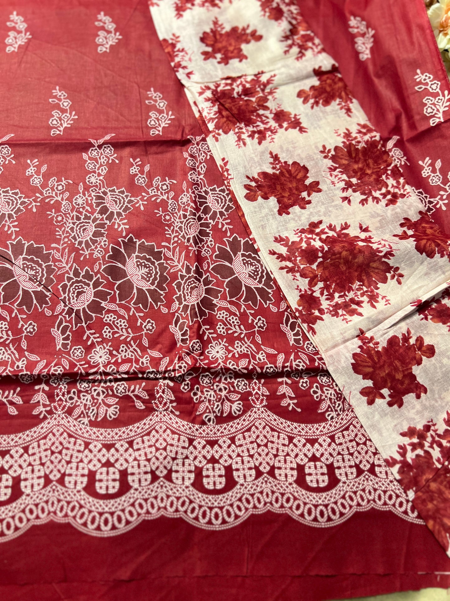 Deep Maroon Floral Cotton Suit – Timeless Grace