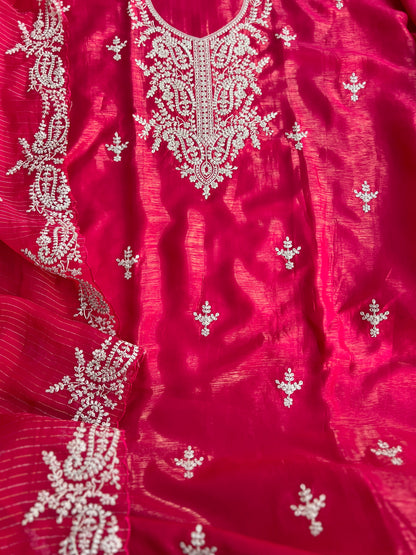Radiant Red Shimmer Crepe with Exquisite Embroidery Elegance