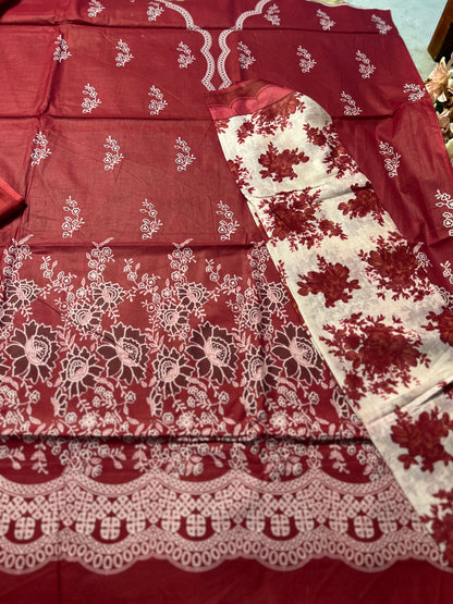 Deep Maroon Floral Cotton Suit – Timeless Grace