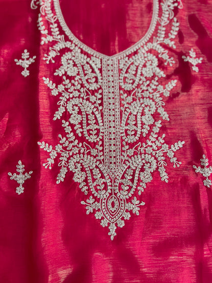Radiant Red Shimmer Crepe with Exquisite Embroidery Elegance