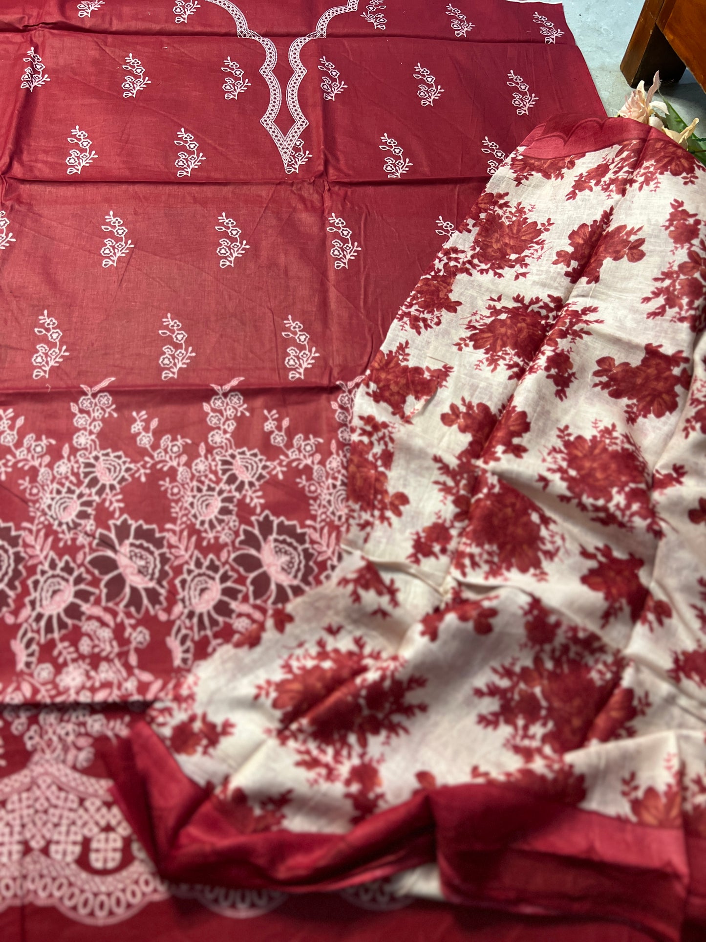 Deep Maroon Floral Cotton Suit – Timeless Grace