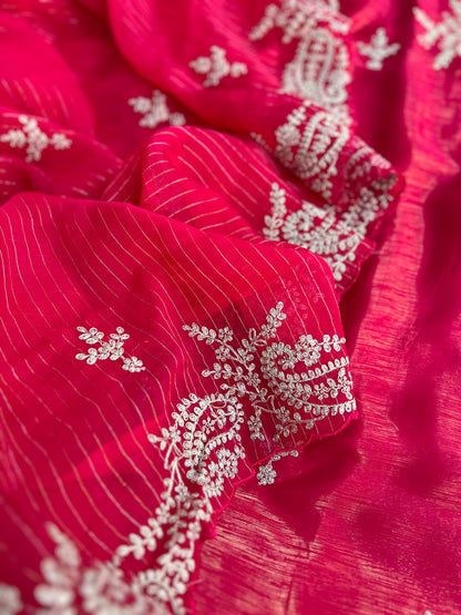 Radiant Red Shimmer Crepe with Exquisite Embroidery Elegance
