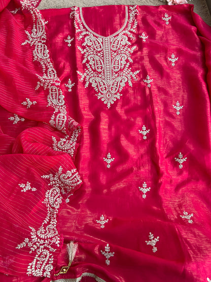Radiant Red Shimmer Crepe with Exquisite Embroidery Elegance