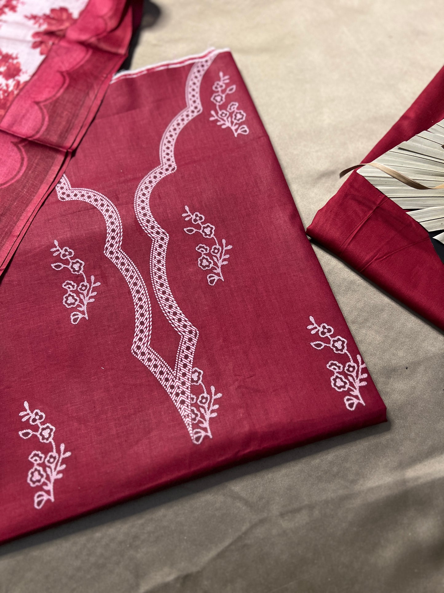 Deep Maroon Floral Cotton Suit – Timeless Grace