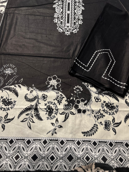 Monochrome Karachi Print Cotton Suit – Timeless Elegance)