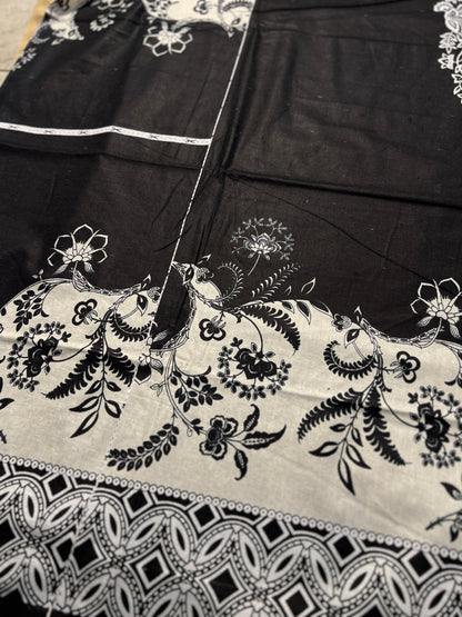 Monochrome Karachi Print Cotton Suit – Timeless Elegance)