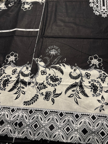 Monochrome Karachi Print Cotton Suit – Timeless Elegance)