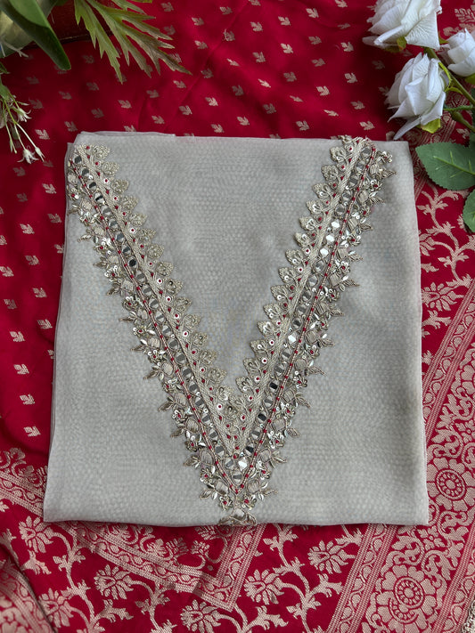 Elegant V-Neck Handwork Suit with Luxurious Dola Banarasi Dupatta