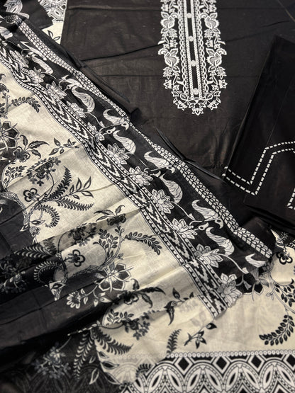 Monochrome Karachi Print Cotton Suit – Timeless Elegance)