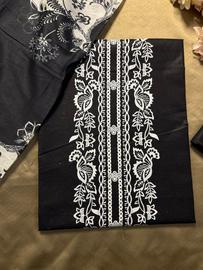 Monochrome Karachi Print Cotton Suit – Timeless Elegance)