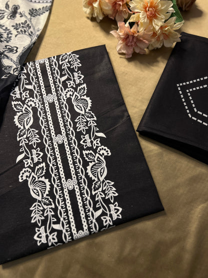 Monochrome Karachi Print Cotton Suit – Timeless Elegance)