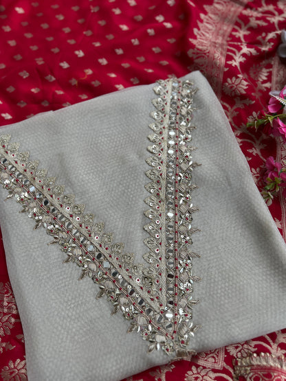 Elegant V-Neck Handwork Suit with Luxurious Dola Banarasi Dupatta