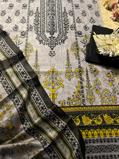 Charcoal Grey & Mustard Karachi Print Cotton Suit – Bold Everyday Elegance