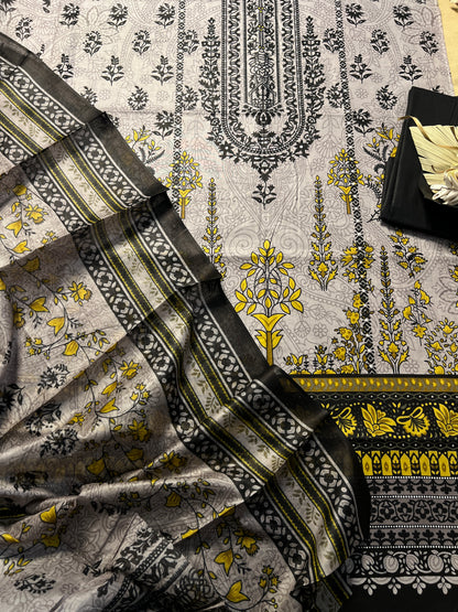 Charcoal Grey & Mustard Karachi Print Cotton Suit – Bold Everyday Elegance