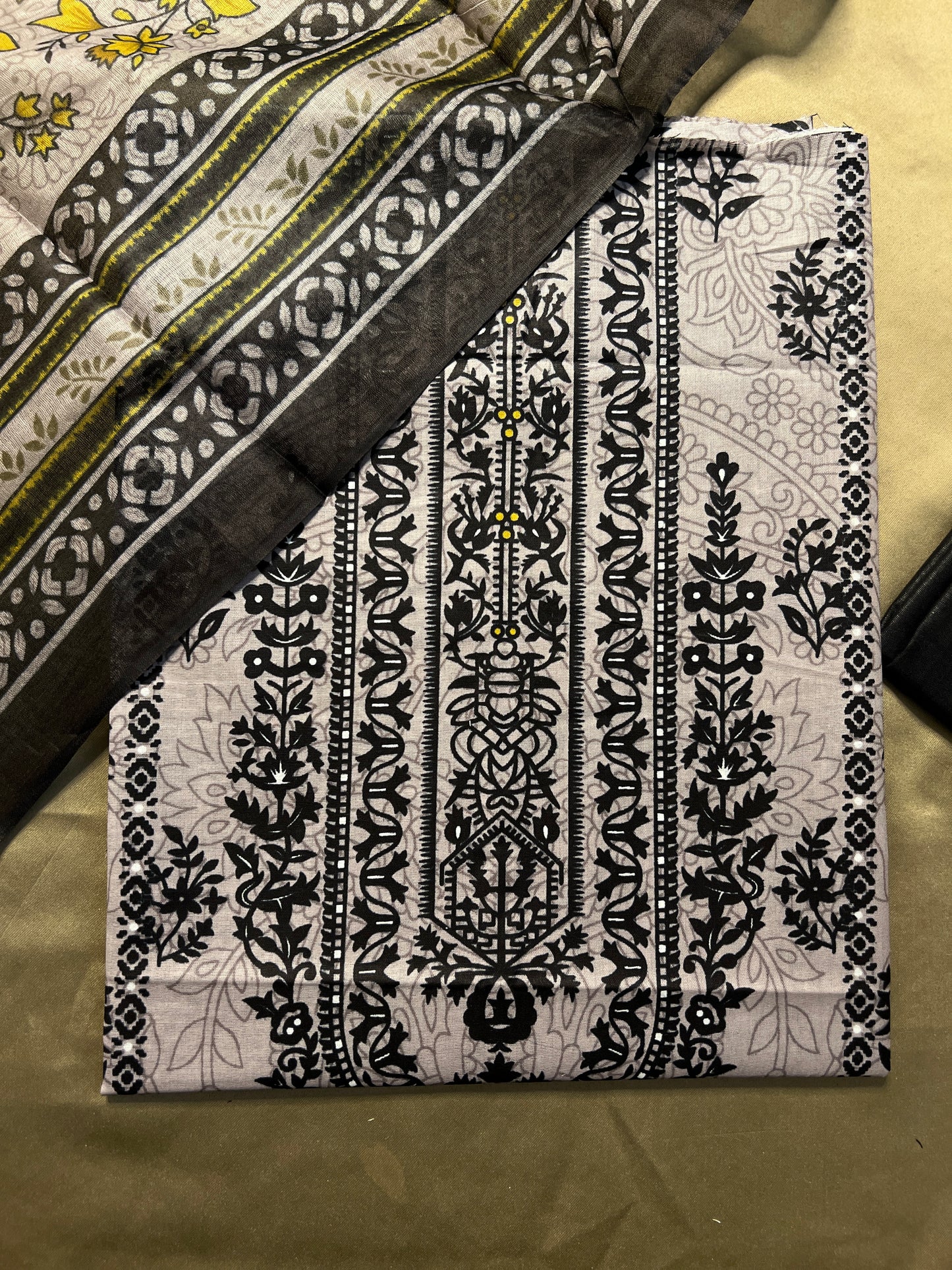 Charcoal Grey & Mustard Karachi Print Cotton Suit – Bold Everyday Elegance