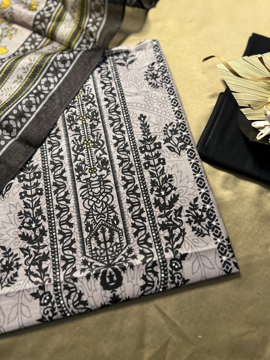 Charcoal Grey & Mustard Karachi Print Cotton Suit – Bold Everyday Elegance