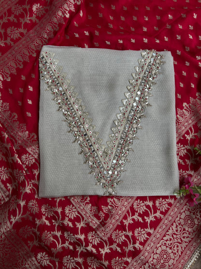 Elegant V-Neck Handwork Suit with Luxurious Dola Banarasi Dupatta
