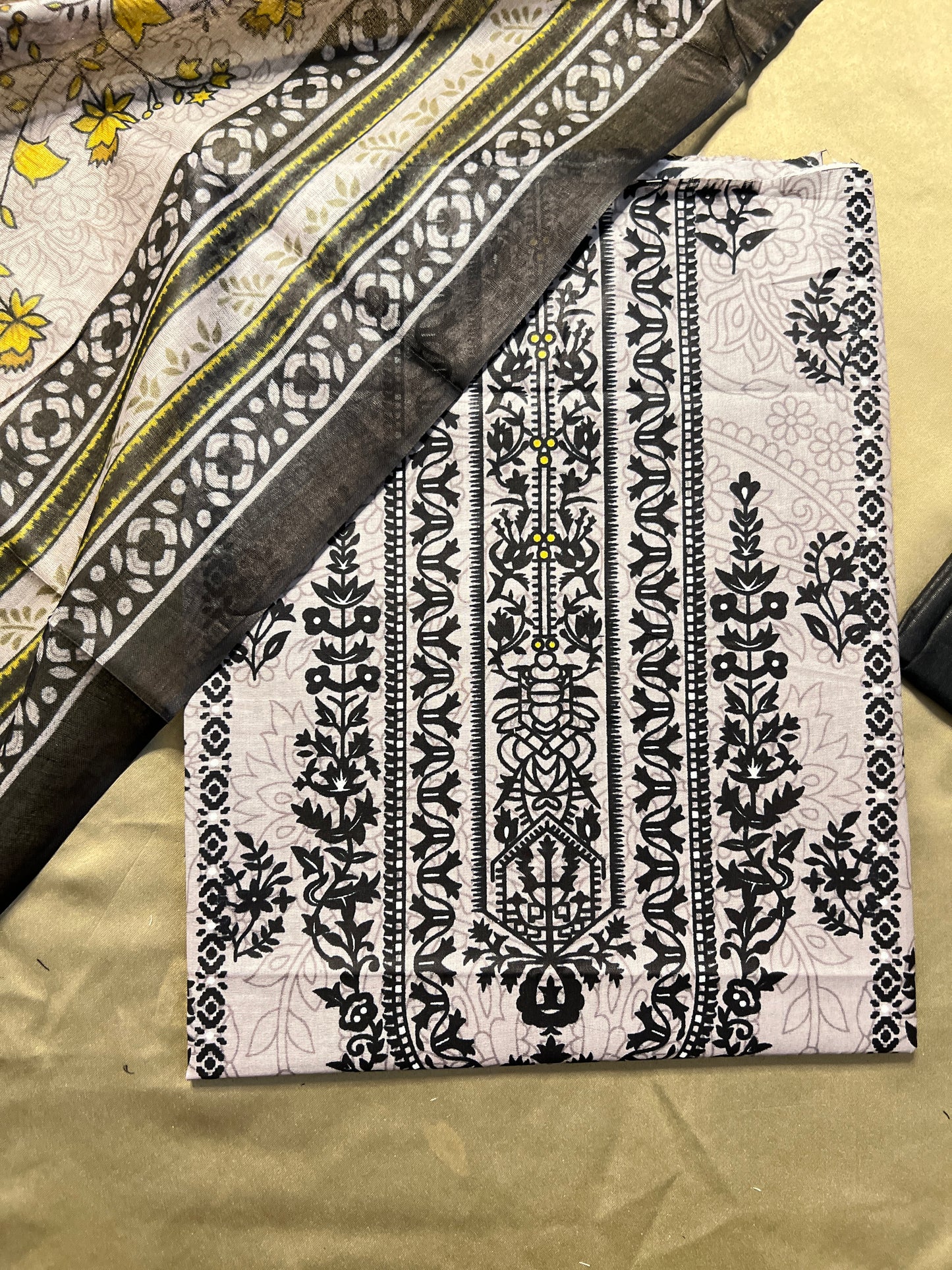 Charcoal Grey & Mustard Karachi Print Cotton Suit – Bold Everyday Elegance