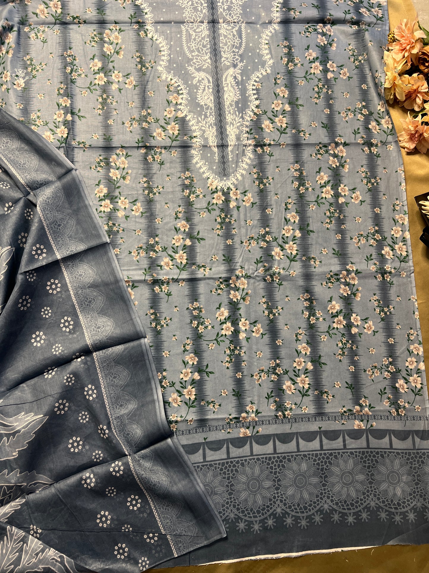 Mist Blue Floral Cotton Suit – Graceful Everyday Wear