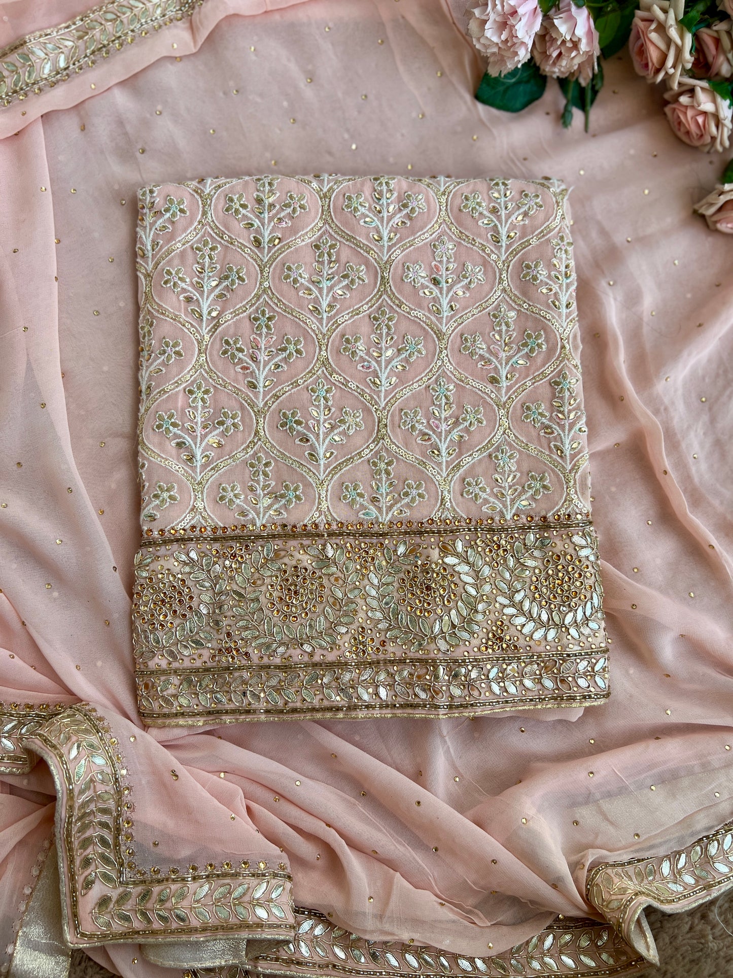Soft Pink Chiffon Suit Set with Embellished Dupatta