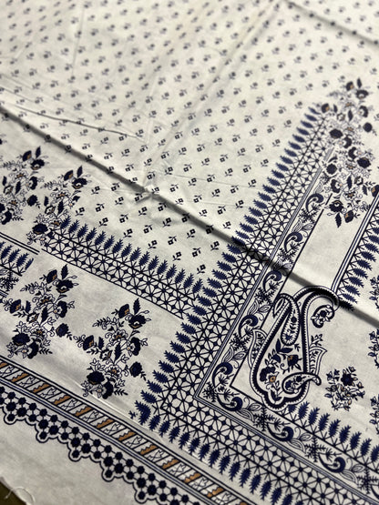 Ivory White & Indigo Blue Karachi Print Cotton Suit – Summer Dailywear Classic