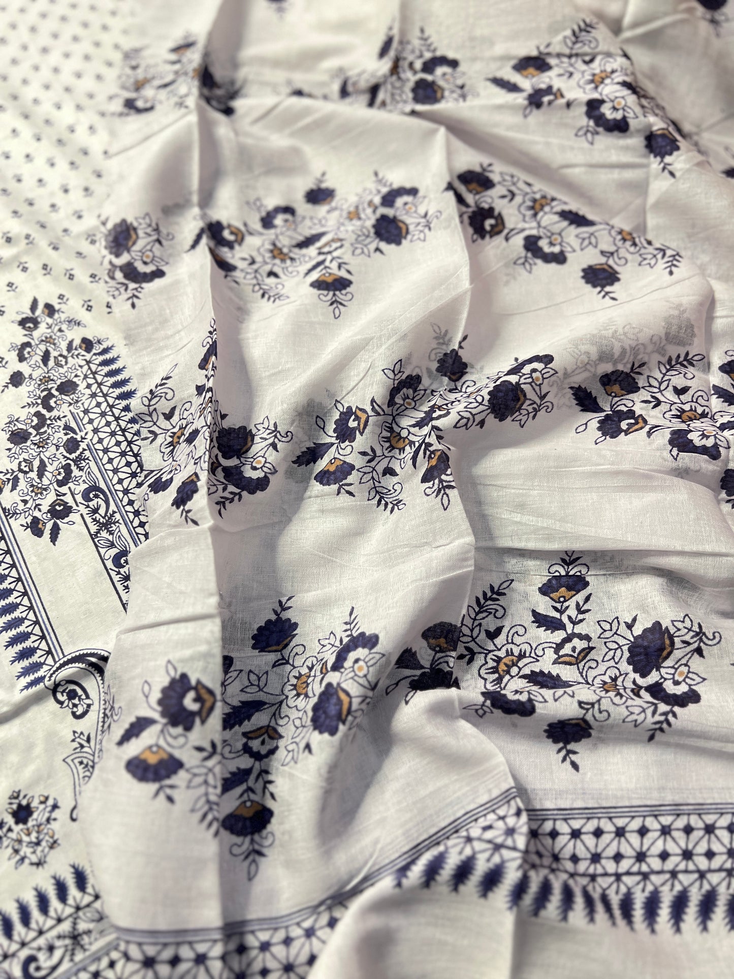 Ivory White & Indigo Blue Karachi Print Cotton Suit – Summer Dailywear Classic