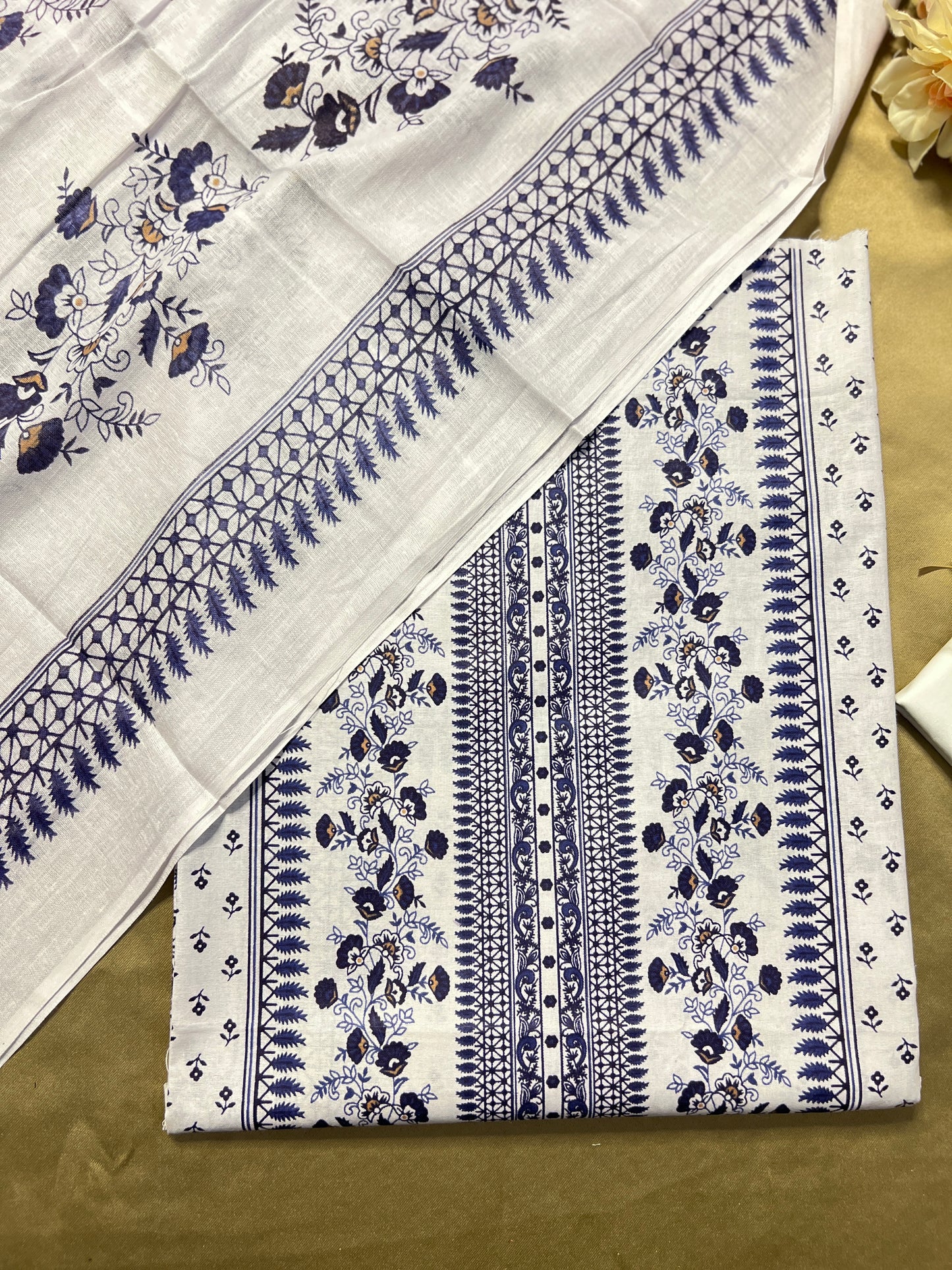 Ivory White & Indigo Blue Karachi Print Cotton Suit – Summer Dailywear Classic