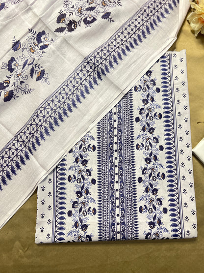 Ivory White & Indigo Blue Karachi Print Cotton Suit – Summer Dailywear Classic